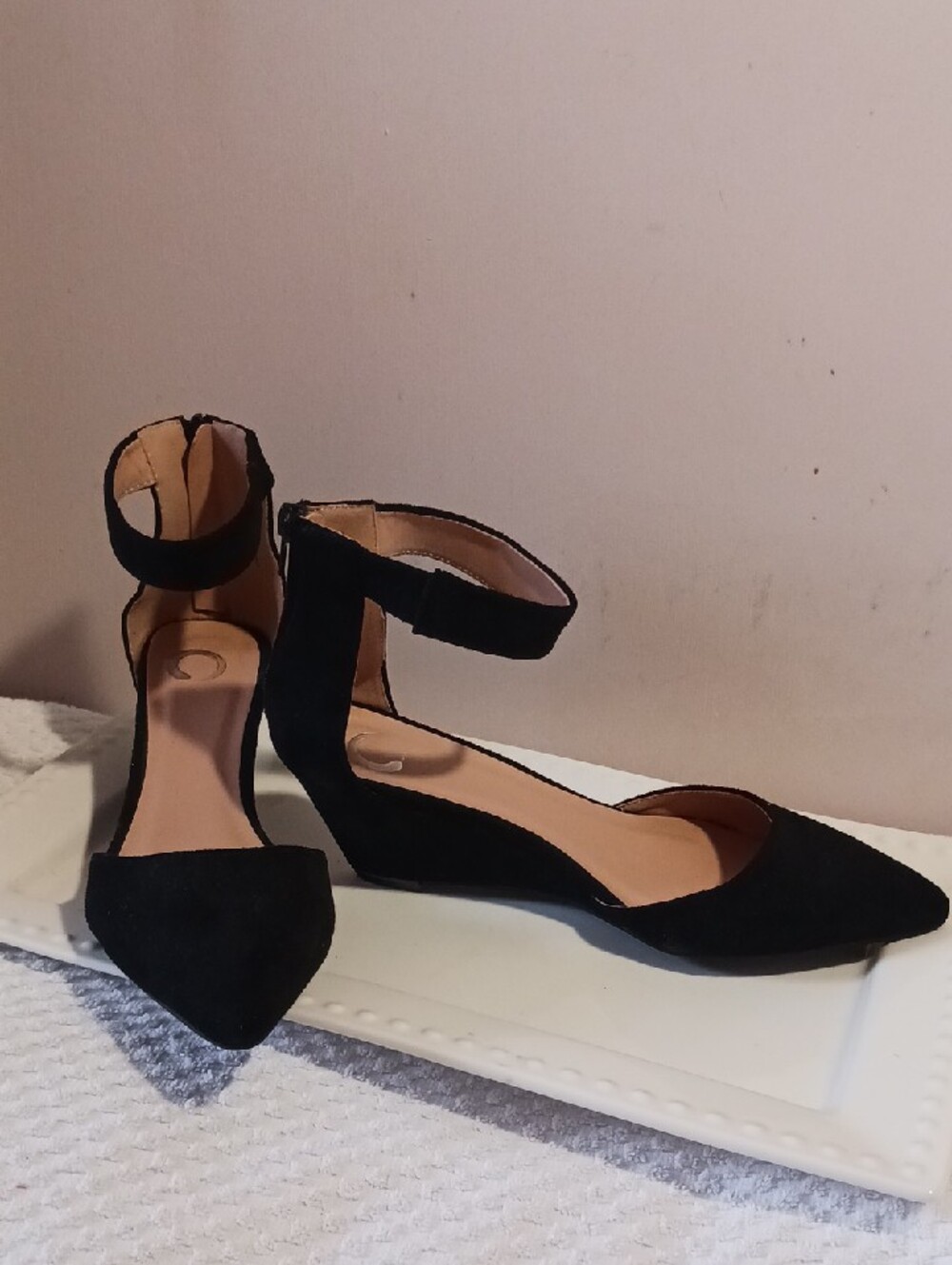 Elegant ⚜️Black Ankle-Strap Wedge Shoe Zip Back 10